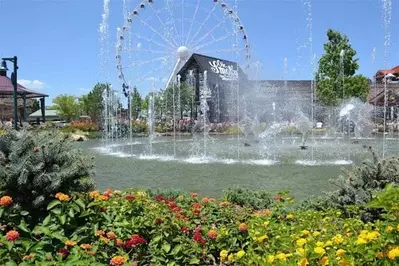 Beautiful flowers by the fountain at The Island in Pigeon Forge Tn