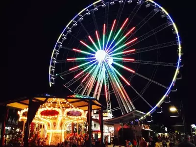 The stunning Ferris wheel at The Island in Pigeon Forge Tennessee at night.